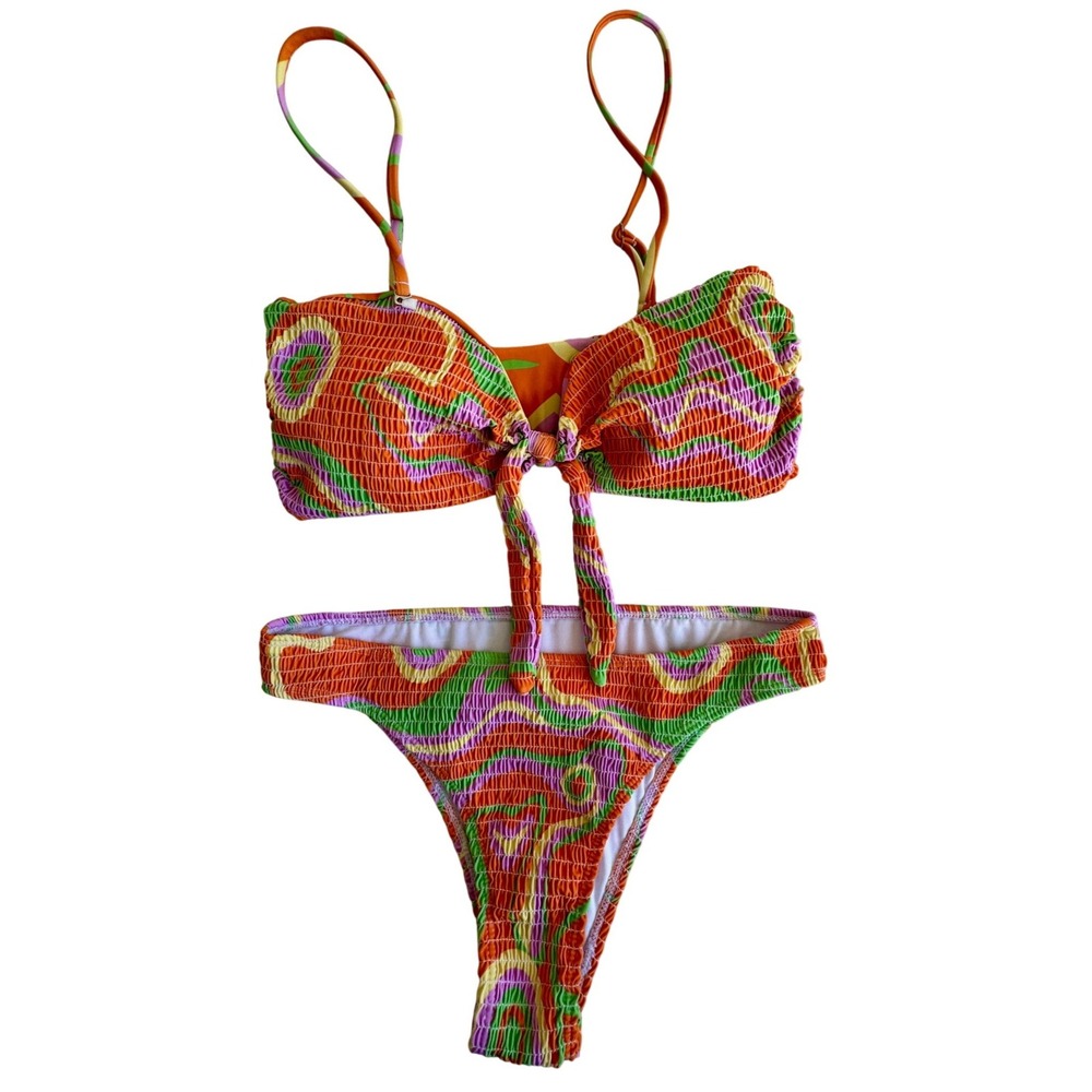 Unbranded‎ Smocked Bikini Set Multicolor Psychedelic Retro Festival Large